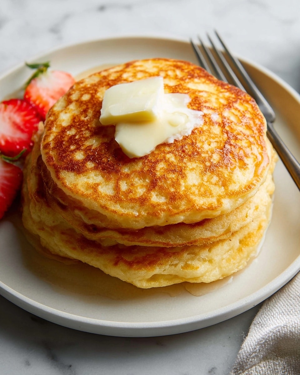 A stack of three thick, golden brown pancakes sits in the center of a white plate on a white marbled surface. The pancakes have a fluffy, slightly bubbly texture and well-cooked edges with a darker brown tint. On top of the stack, there are two uneven, creamy white pats of butter slowly melting. To the left edge of the plate, a fork rests with its prongs facing up, and a partially visible sliced strawberry with a red and white gradient adds a touch of color to the scene. photo taken with an iphone --ar 4:5 --v 7