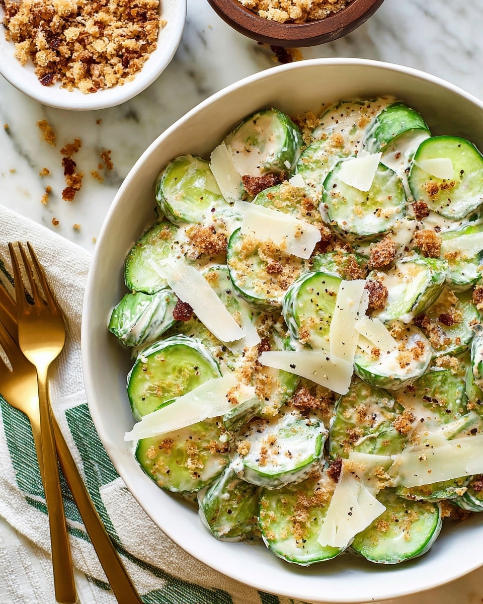 A white bowl filled with a fresh cucumber salad, showing thick green cucumber slices with a glossy texture as the first layer. The next layer has small bits of light brown crispy pieces scattered evenly. Large, thin, off-white cheese shavings lay on top, adding texture and contrast. A silver fork is placed inside the bowl, piercing some cucumber and cheese slices. In the background, another white bowl with light brown crumbs is visible, and two fresh, uncut cucumbers lie on a white marbled surface. photo taken with an iphone --ar 4:5 --v 7