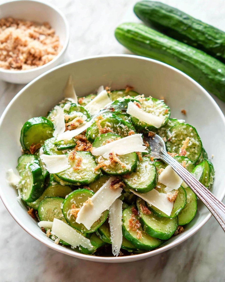 A white bowl filled with a cucumber salad showing thick slices of bright green cucumbers mixed in a creamy white dressing, topped with thin, large, off-white cheese shavings, small brown crispy bits, and coarse black pepper sprinkling. The salad layers show fresh, moist cucumber rounds at the bottom, thick creamy dressing coating the cucumber pieces, followed by the uneven cheese slices and crunchy brown crumb bits evenly spread on top. The bowl rests on a white marbled surface with a close-up view, and beside it lies a white bowl filled with more crunchy brown crumbs and a white cloth with green stitching, along with golden cutlery. Photo taken with an iphone --ar 4:5 --v 7
