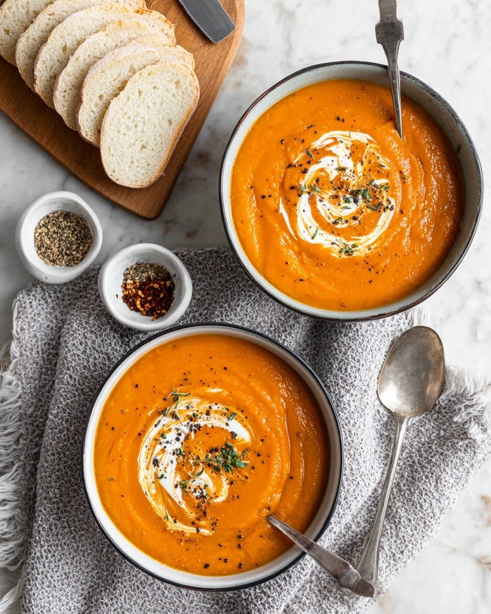Two bowls of thick orange soup sit on a white marbled surface with a soft grey textured cloth underneath. Each bowl has a swirl of white cream on top, along with a sprinkling of black pepper and herbs, adding texture and contrast. One bowl holds a silver spoon resting inside, while a second spoon lies on the surface nearby. Beside the bowls, there are several slices of light beige bread on a wooden board with a knife. Two small white bowls with spices or seeds are placed near the top left. The setting looks cozy and inviting. photo taken with an iphone --ar 4:5 --v 7