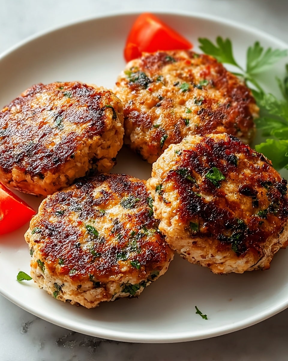 Four round chicken patties with a golden brown, slightly charred surface are arranged on a white plate on a white marbled texture. Each patty is speckled with green herbs, giving a fresh look. Small pieces of bright red tomato are placed near the patties on the plate, adding color contrast. The patties have a textured, cooked crust with visible seasoning bits, making them appear juicy and flavorful. Photo taken with an iphone --ar 4:5 --v 7