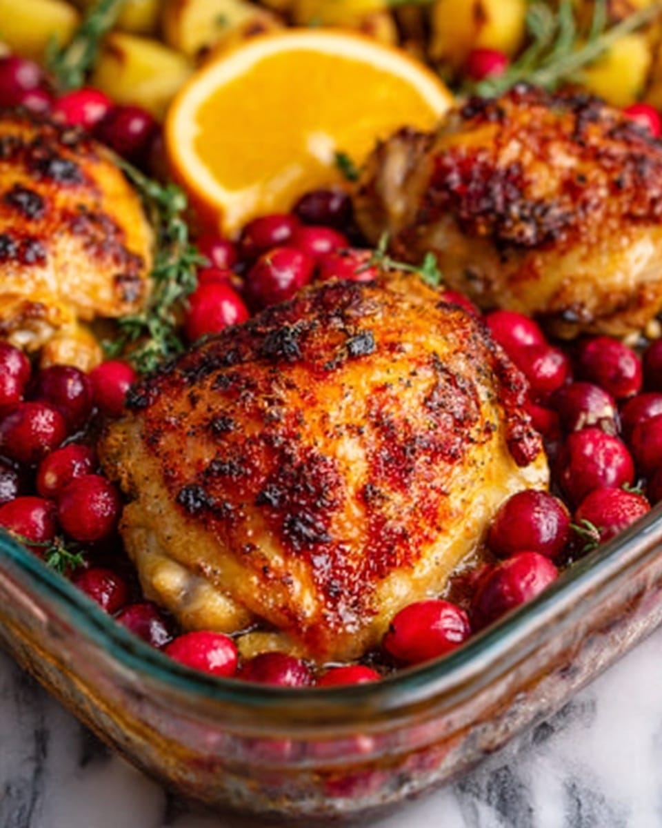 A close-up of a roasted chicken thighs dish in a clear glass baking dish, showing two golden-brown, crispy chicken pieces with a textured, slightly charred skin on top. Around the chicken, bright red cranberries are scattered, with a wedge of orange placed inside the dish on the left side. In the background, hints of green herbs and yellow roasted potatoes are visible. The dish rests on a white marbled surface, and a woman's hand is holding the baking dish on the right side. Photo taken with an iphone --ar 4:5 --v 7
