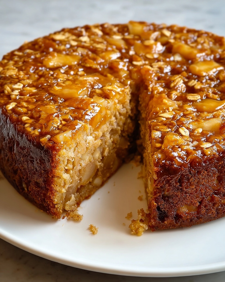 A round cake with a golden brown crust sits on a white plate on a white marbled surface. The cake has one large slice cut out and placed in the front, showing a moist inside with visible small chunks of fruit or nuts. The top layer of the cake is covered in thin, white almond slices scattered unevenly across the surface. The texture of the cake looks soft and slightly crumbly, with a caramelized glossy finish on top. Photo taken with an iphone --ar 4:5 --v 7