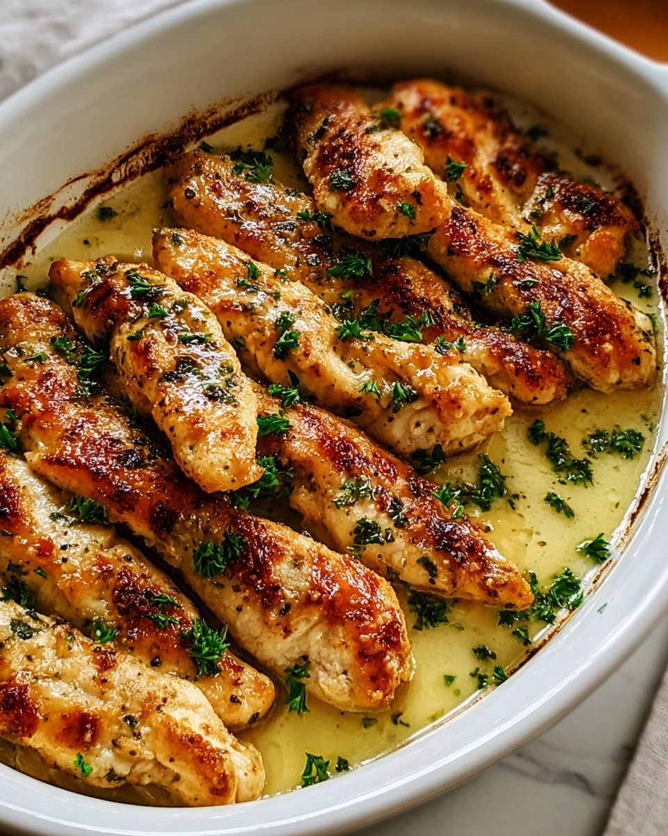 The image shows a white baking dish filled with browned chicken tenders arranged in two visible layers. The top layer of chicken tenders is golden brown with a crispy texture and lightly sprinkled with fresh green parsley. Underneath, more chicken tenders sit in a shallow pool of a light, creamy sauce that catches the light, giving a moist and glossy look. The edges of the dish show slight browning where the sauce meets the sides. The dish is placed on a white marbled textured surface. photo taken with an iphone --ar 4:5 --v 7