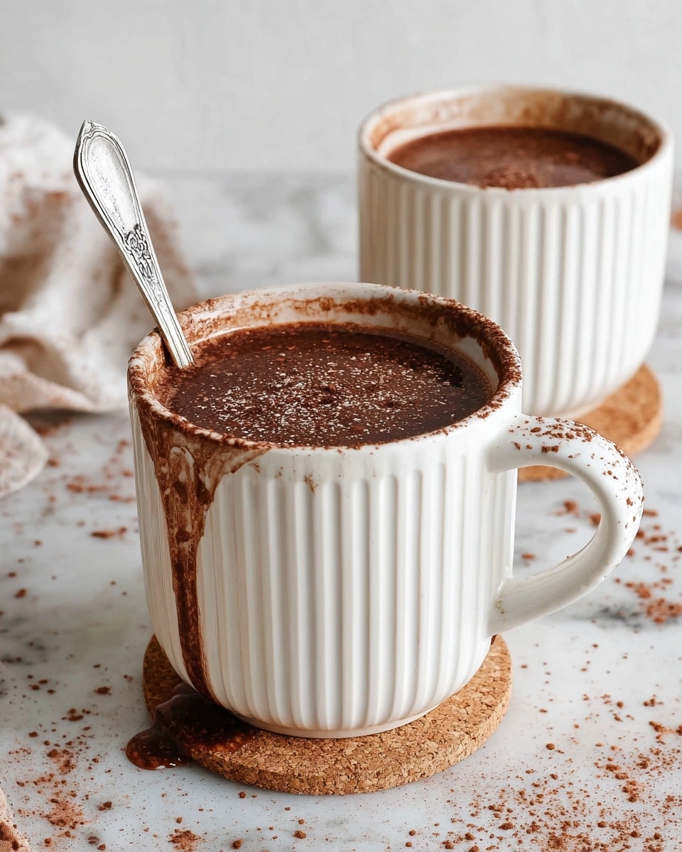 Two white ribbed mugs filled with thick, dark brown hot chocolate, with some cocoa powder sprinkled on top and some drips running down the sides. One mug in the front has a vintage silver spoon standing inside it. Both mugs are placed on round cork coasters on a white marbled surface with scattered cocoa powder around. The background is simple with light-colored walls, focusing on the rich, creamy texture of the hot chocolate. photo taken with an iphone --ar 4:5 --v 7