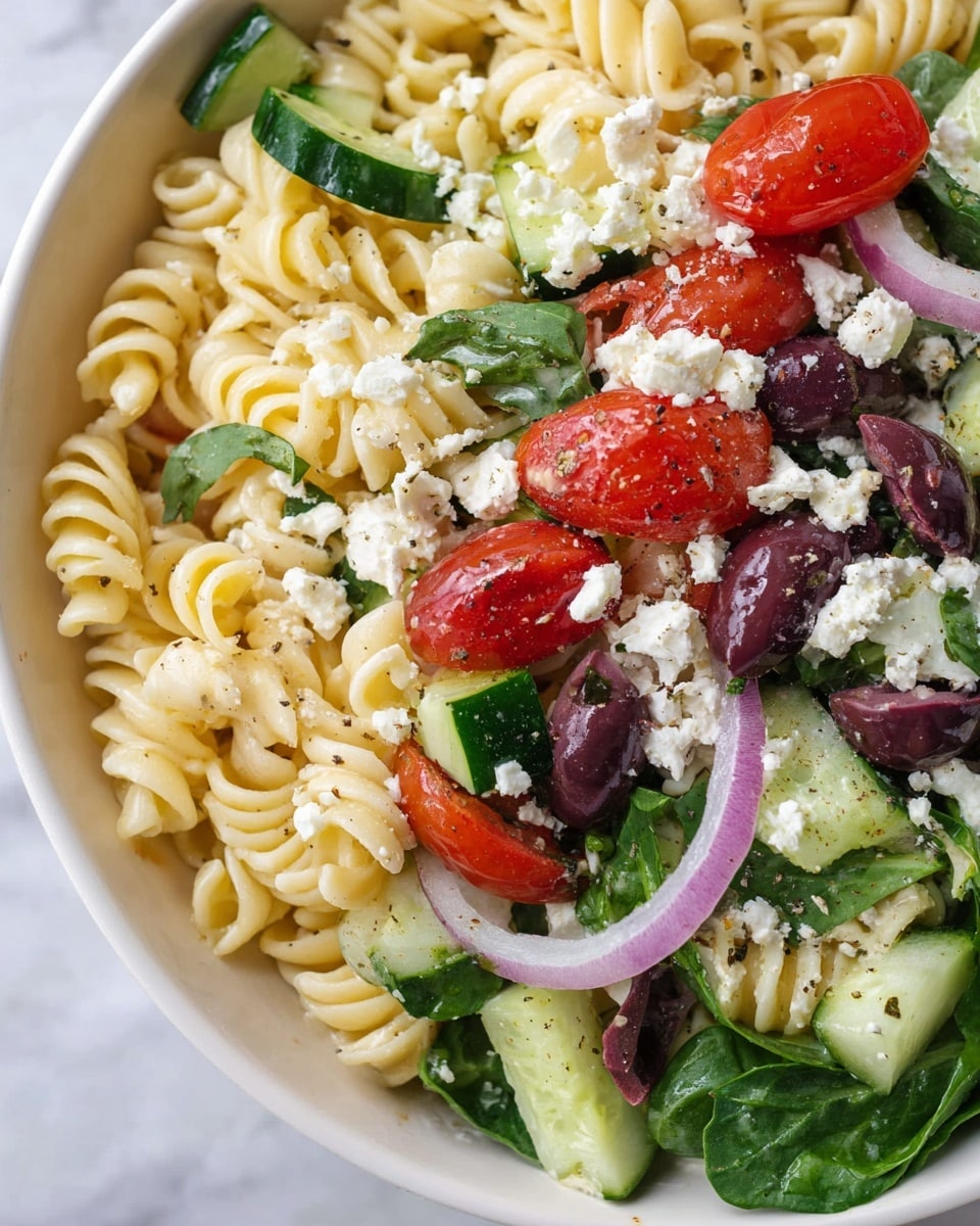 The image shows a white bowl filled with a pasta salad made of three main layers. The bottom layer consists of light yellow spiral pasta, soft and smooth. Scattered on top is a mix of small bright red cherry tomato halves with shiny seeds, dark purple sliced olives, and crisp light green cucumber cubes. There are thin slices of pale purple onion mixed in among dark green fresh spinach leaves that add a leafy texture. Finally, small white crumbles of feta cheese evenly cover the salad, with a sprinkle of black pepper flakes adding contrast and texture. The bowl rests on a white marbled surface. Photo taken with an iphone --ar 4:5 --v 7