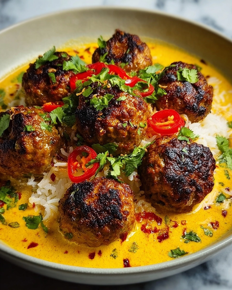 The image shows a close-up of several round, browned meatballs with a charred texture on top, arranged on a bed of white rice grains. The meatballs are sitting in a thick, creamy yellow sauce that surrounds the rice. There are thin slices of red chili and chopped green herbs sprinkled over the meatballs and rice, adding touches of bright red and green color. The dish is served in a white bowl that sits on a white marbled surface. Photo taken with an iphone --ar 4:5 --v 7