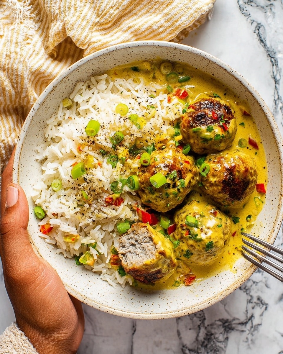 The image shows a white speckled bowl filled with two main layers: on the left side, there is a bed of fluffy white rice with small green and red vegetable pieces mixed in, topped with a sprinkle of black pepper; on the right side, there are six browned meatballs covered in a thick, creamy yellow sauce with green herbs and small red pepper pieces spread throughout. One meatball is cut in half, revealing a grayish-brown inside, and all meatballs are garnished with chopped green onions. A silver fork rests inside the bowl in the rice section, while a woman's hand holds the bowl from the bottom right corner. The background is a white marbled surface with a beige and white striped cloth partially visible at the top. Photo taken with an iphone --ar 4:5 --v 7