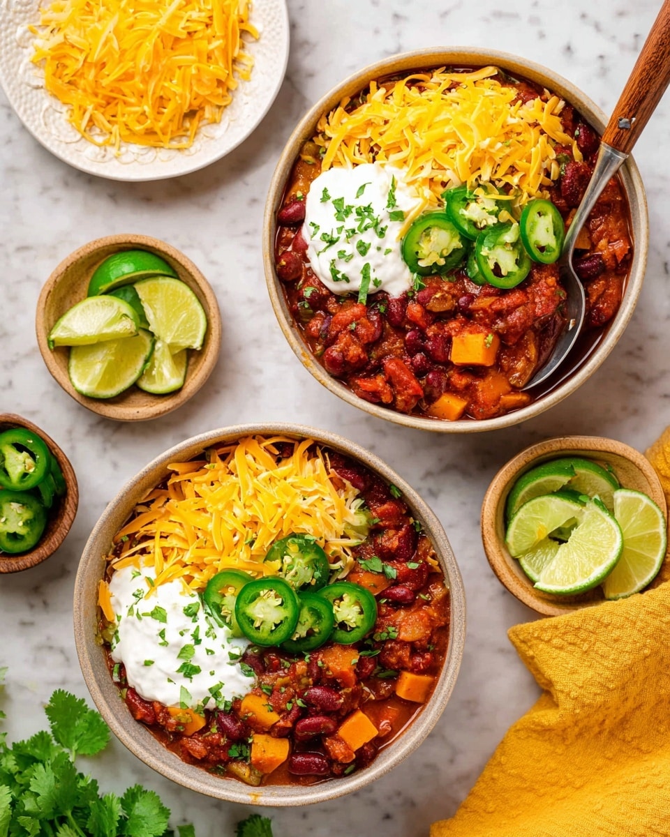 A white bowl filled with a rich, chunky chili showing three main layers: the bottom layer is thick red chili with visible kidney beans, black beans, diced orange sweet potatoes, and bits of tomato and onion; the middle layer is topped with bright yellow shredded cheese scattered across the chili surface; and the top layer features a dollop of white sour cream sprinkled with green herbs and black pepper, surrounded by fresh green jalapeño slices and cilantro leaves. A spoon with a wooden handle rests inside the bowl. The bowl is placed on a white marbled surface with extra bowls containing shredded cheese and chopped green peppers nearby. photo taken with an iphone --ar 4:5 --v 7