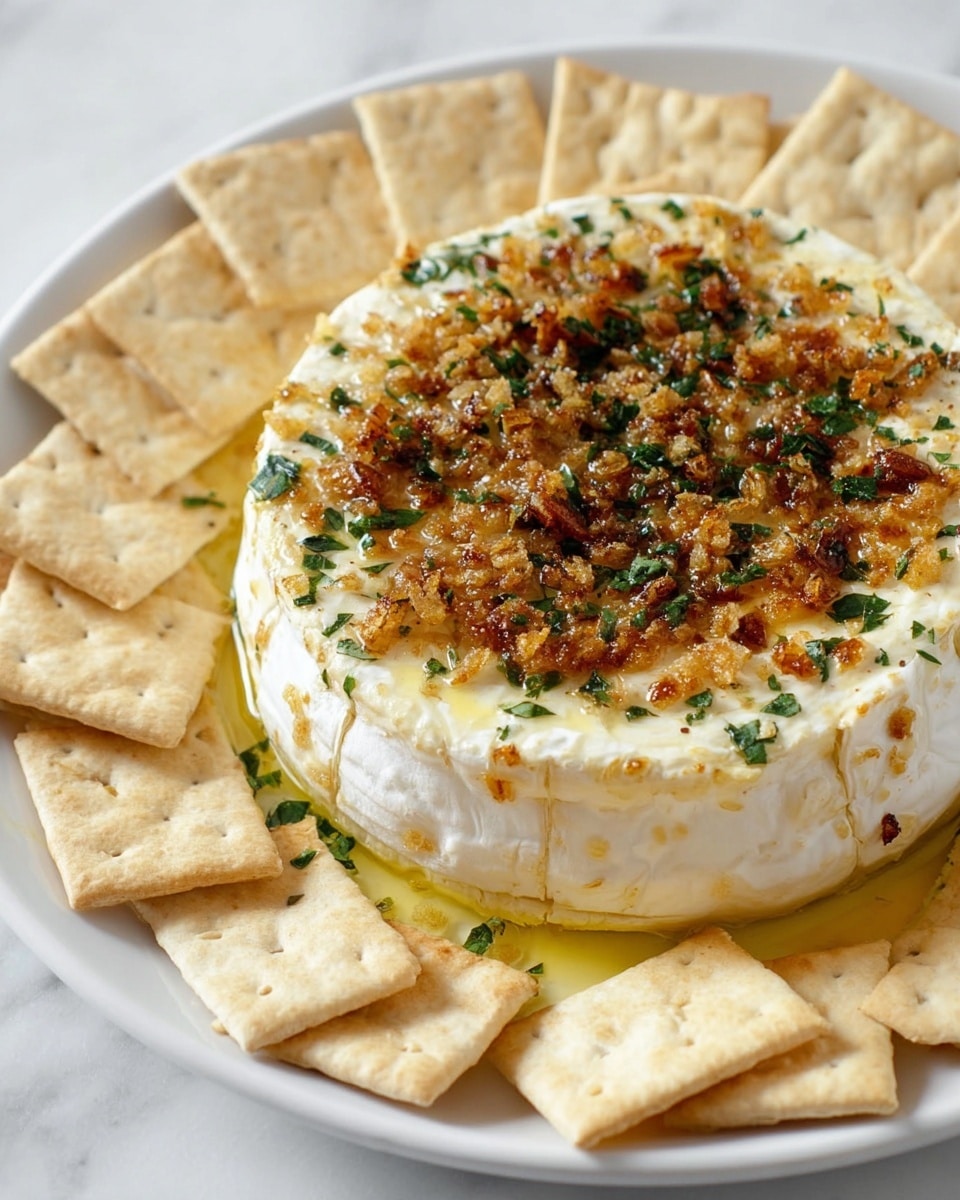 A round wheel of soft white cheese is shown on a white plate, topped with a layer of golden brown crispy garlic bits and chopped green herbs sprinkled evenly over the surface. Around the cheese, there is a layer of light yellowish oil mixed with the garlic, creating a glossy look. Surrounding the cheese on the plate is a single layer of square saltine crackers, pale beige in color with a slightly rough texture. The whole scene is set on a white marbled surface. photo taken with an iphone --ar 4:5 --v 7