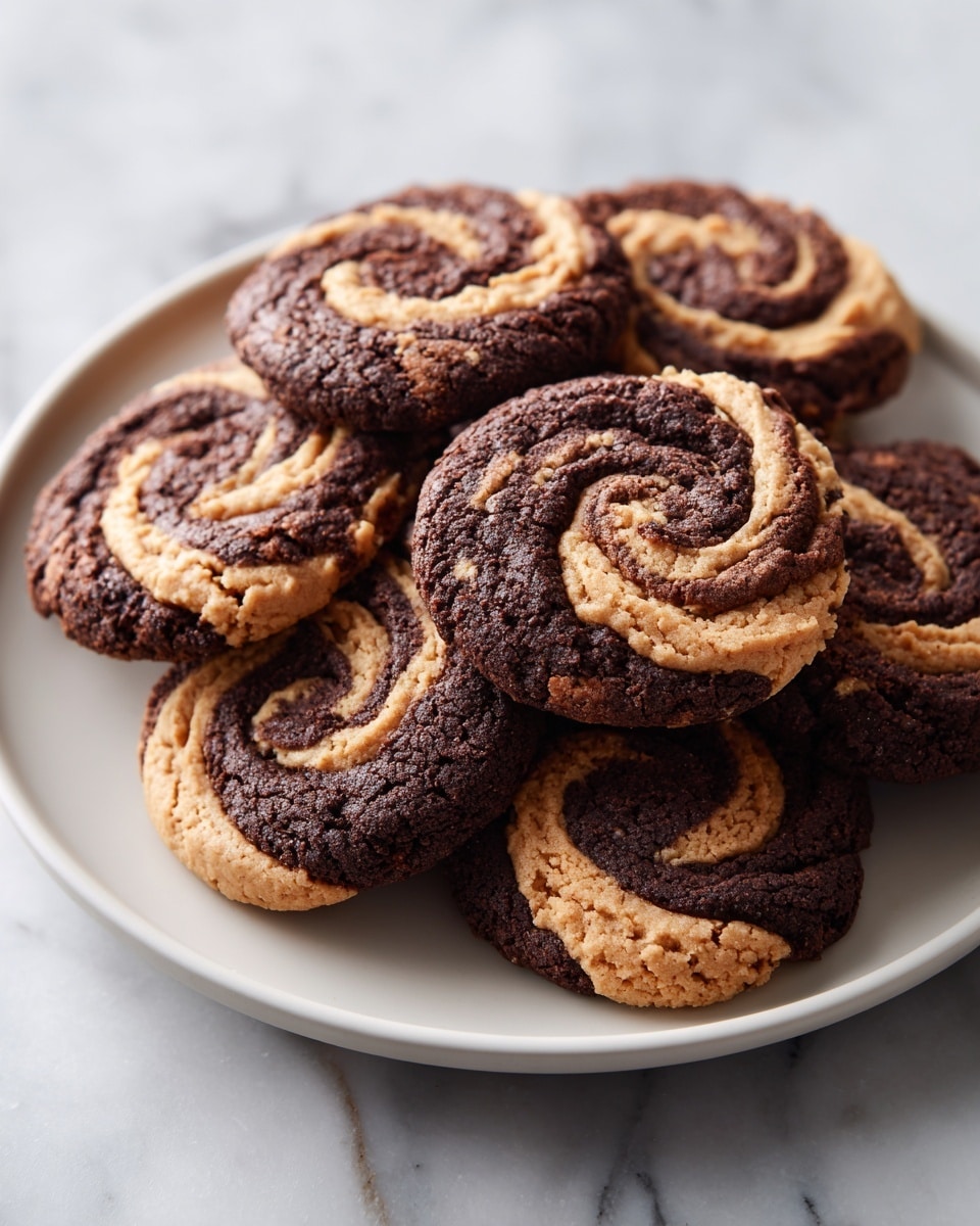 A white plate holds a pile of round swirl cookies, each cookie with two twisted layers: one dark brown chocolate layer with a slightly rough, cracked texture, and one smooth, light brown peanut butter layer mixed in a spiral pattern. The cookies are soft with slight cracks, stacked casually on top of each other. The plate rests on a white marbled surface, with soft natural light highlighting the texture and contrast between the chocolate and peanut butter parts. Photo taken with an iphone --ar 4:5 --v 7