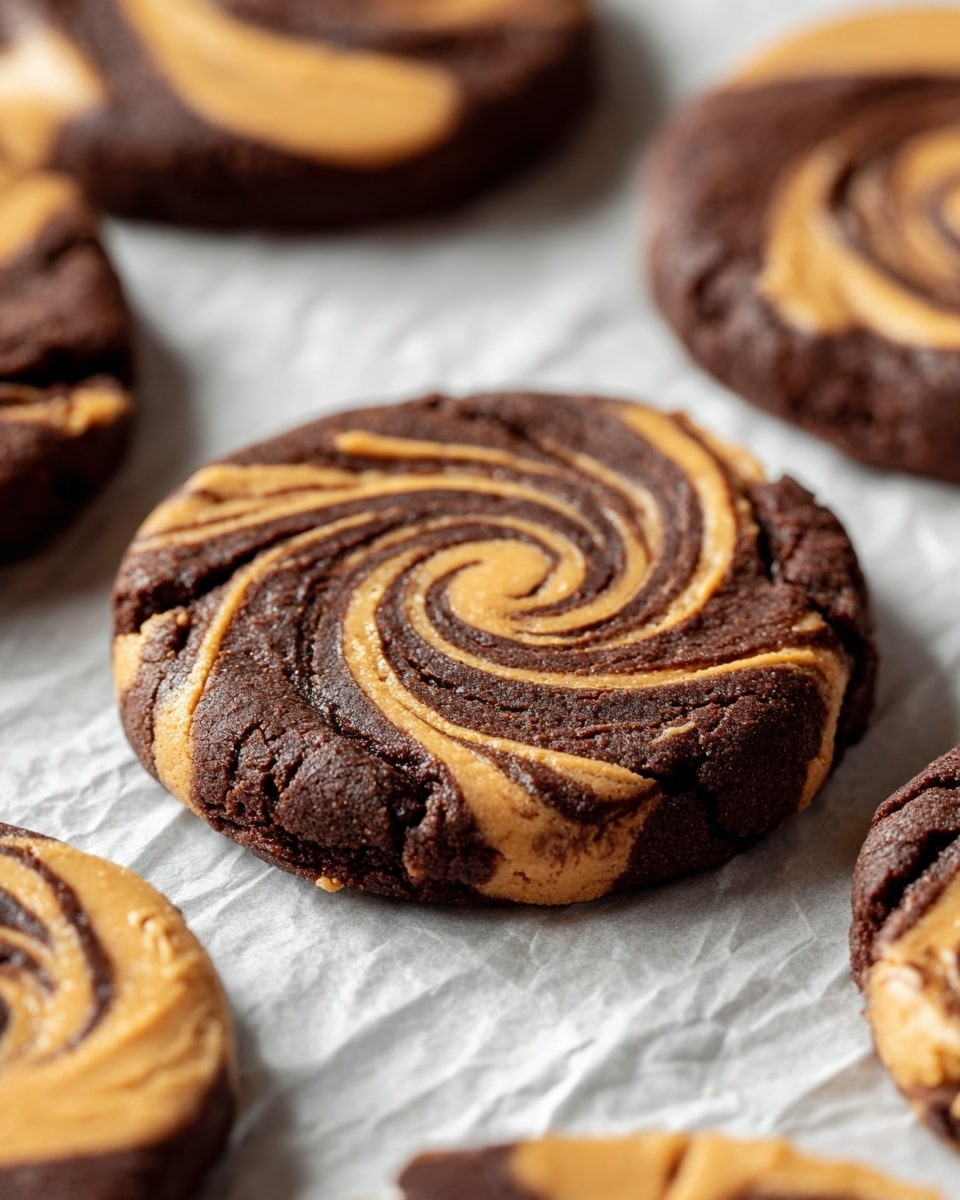 The image shows several round chocolate and peanut butter swirl cookies resting on a white marbled surface covered with crinkled white parchment paper. Each cookie has two main layers, with a rich dark brown chocolate base layer and smooth swirls of creamy light brown peanut butter on top, creating a spiral pattern. The texture of the chocolate layer looks soft and fudgy with slight cracks, while the peanut butter swirls appear smooth and glossy. One cookie in the foreground is fully visible, while others are slightly blurred in the background, enhancing the focus on the swirled details. Photo taken with an iphone --ar 4:5 --v 7