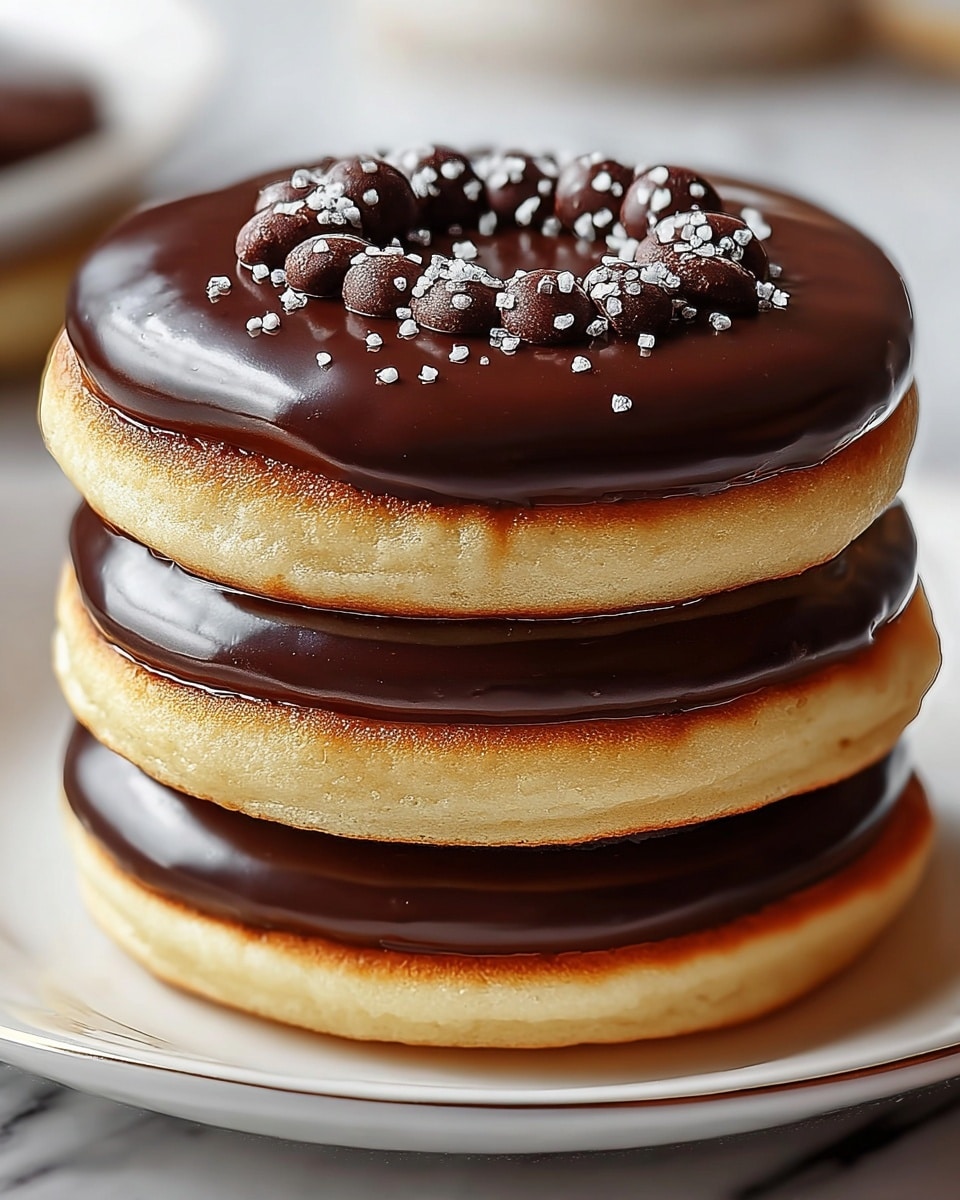 A stack of three round pancakes each topped with a thick, smooth layer of glossy dark chocolate glaze. The pancakes are golden brown on the sides with a soft, light beige center. Between each pancake is a thin, even layer of dark chocolate. On the top pancake, there is a circle of small chocolate pieces sprinkled with white sugar crystals in the middle. The stack is placed on a shiny white plate with a faint reflection, set against a white marbled background. photo taken with an iphone --ar 4:5 --v 7