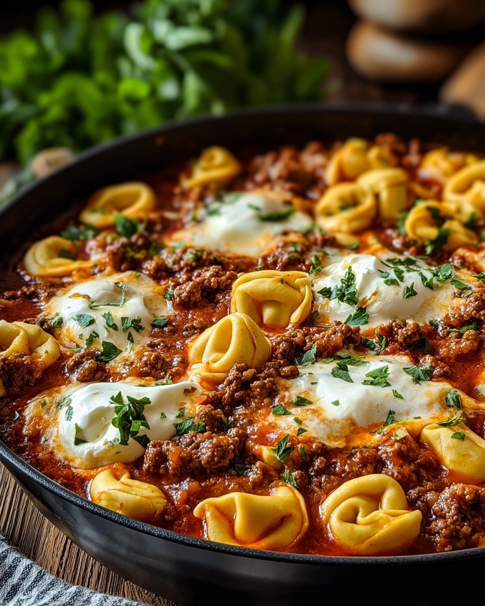 A close-up view of a black skillet filled with a rich tortellini pasta dish, showing three main layers: at the bottom, a deep red tomato sauce mixed evenly with browned ground meat; on top of that, plump yellow tortellini pasta pieces partially submerged in the sauce; and dotted over the surface, creamy white melted cheese balls sprinkled with fresh green herb leaves, likely parsley or cilantro, adding a fresh touch. The skillet sits on a wooden surface with a slightly blurred green plant in the background, and the lighting highlights the glossy texture of the sauce and the soft, melty cheese. photo taken with an iphone --ar 4:5 --v 7