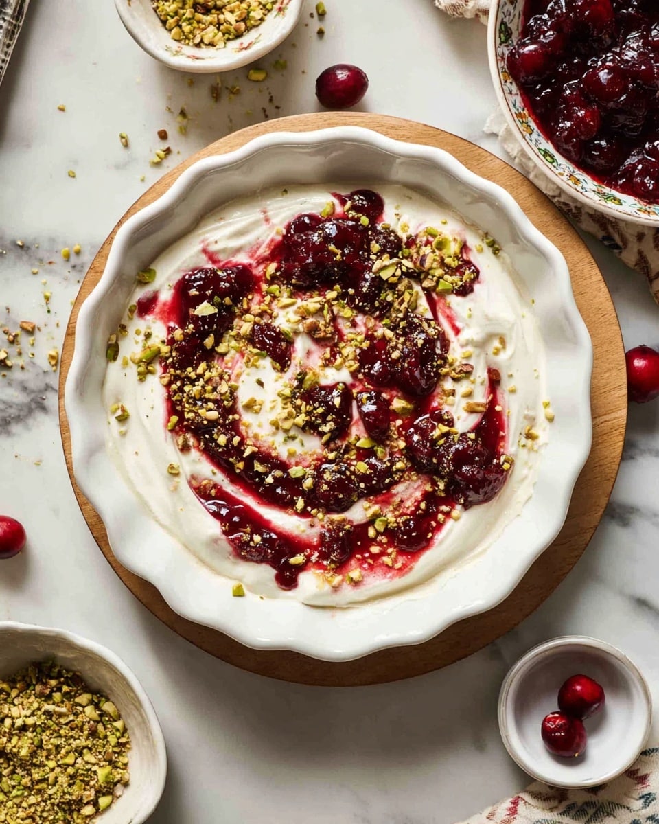 A scalloped white bowl holds a dish with a creamy white yogurt base spread evenly on the bottom layer. Swirls of deep red cranberry sauce are spread on top, blending slightly with the yogurt in some spots for a marbled effect. The dish is sprinkled with crushed pistachios adding a bright green and golden brown texture over the yogurt and cranberry layers. Around the bowl, there are a few whole fresh cranberries, small white bowls containing crushed pistachios, and a bowl with more cranberry sauce on a white marbled surface. Photo taken with an iphone --ar 4:5 --v 7