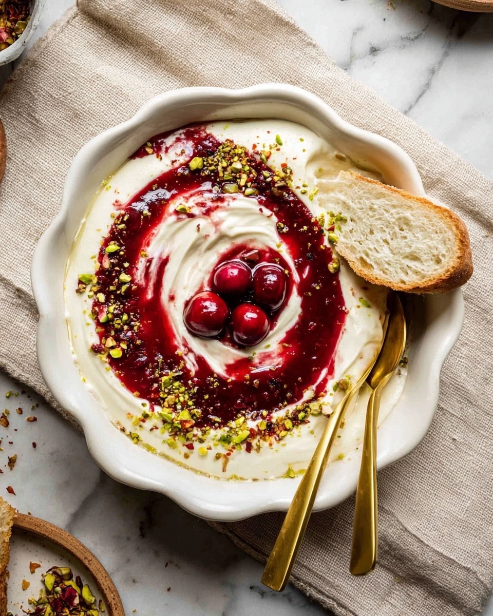 The dish is served in a white scalloped bowl with two large golden spoons resting inside. The bottom layer is a smooth, creamy white spread covering the bowl evenly. On top of this is a thick, glossy deep red sauce swirled partially through the white layer, creating a contrast of colors and textures. Three bright red whole cranberries sit on the center, adding a pop of color. The dish is sprinkled with finely chopped green pistachios and small red chili flakes scattered over the top. A slice of rustic bread is placed on the right side inside the bowl. The scene is set on a soft white marbled surface with a beige linen cloth partially visible underneath. photo taken with an iphone --ar 4:5 --v 7