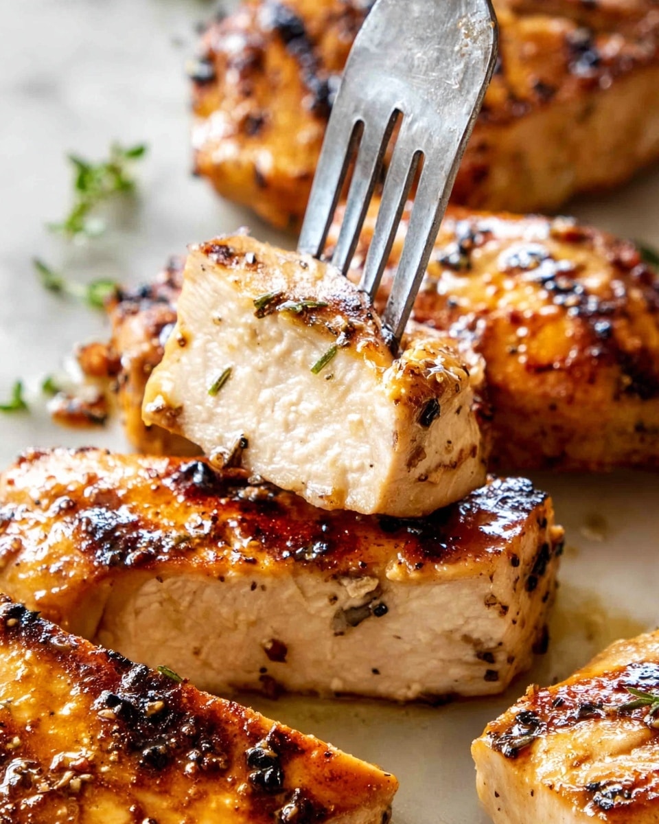 Two pieces of grilled chicken breast with a golden brown and slightly charred surface covered in black pepper and herbs, resting on parchment paper with small green parsley leaves peeking from underneath. The chicken looks juicy and well-cooked with a textured and crispy outside. The background is a white marbled texture. photo taken with an iphone --ar 4:5 --v 7