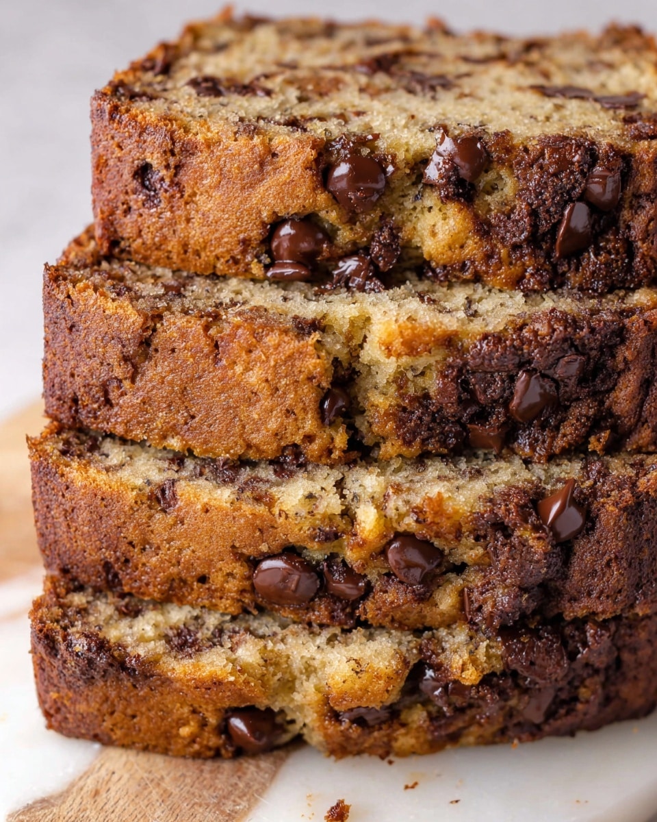 A close-up of a stack of four thick banana bread slices filled with many melted chocolate chips, showing a texture that is soft and moist inside with a golden brown crust outside. The bread is rich in color with a mix of light brown and dark brown from the chocolate chips evenly spread through each slice. The stack is placed on a white marbled surface, displaying the rough edges and crumbly top with glossy chocolate pockets. photo taken with an iphone --ar 4:5 --v 7