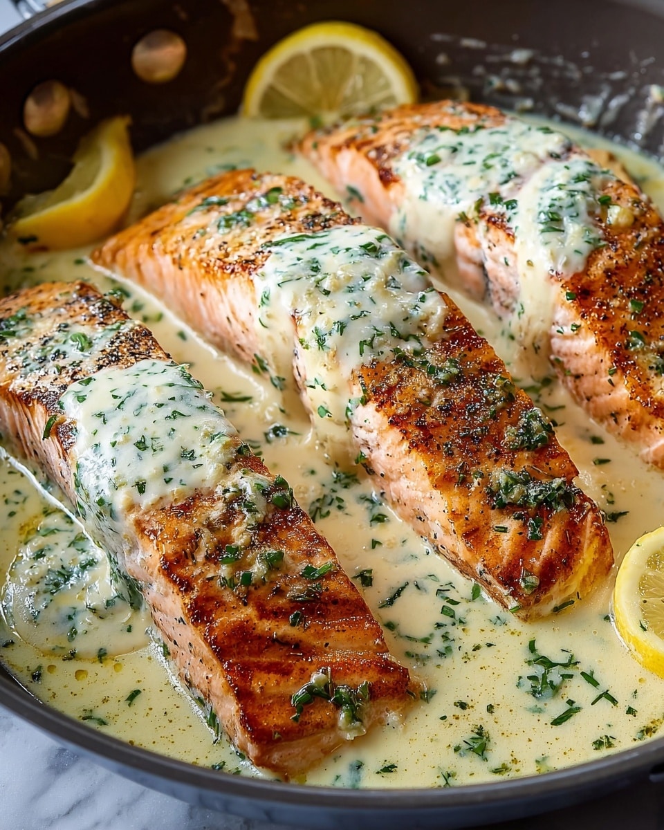 Three thick salmon fillets with a golden-brown grilled surface are shown in a close-up view. Each salmon piece has a creamy white sauce with green herb bits spread on top and pooling around the base. The salmon's pinkish-orange color contrasts with the sauce's smooth and slightly foamy texture. Two bright yellow lemon wedges peek out from the creamy sauce at the edges. The food is placed inside a dark cooking pan, against a white marbled textured background. photo taken with an iphone --ar 4:5 --v 7