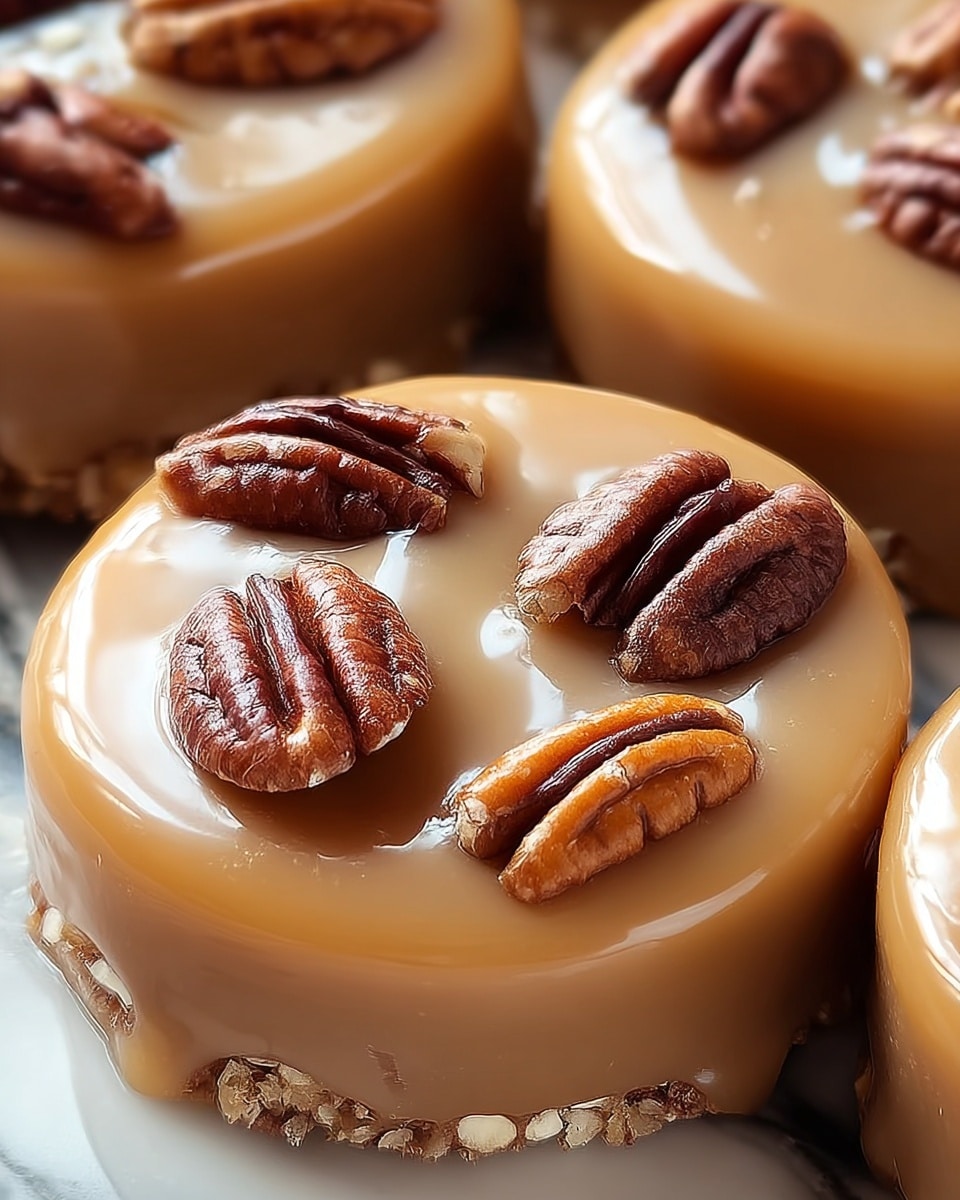 The image shows small round treats with two layers. The bottom layer is light brown and slightly crumbly. The top layer is a smooth, shiny caramel-colored coating that covers the whole treat and holds several pecan halves and pieces, which are dark brown with pale edges, scattered evenly over the surface. The treats are close together, placed on a surface with a white marbled texture, and the photo captures their shiny and soft textures clearly. photo taken with an iphone --ar 4:5 --v 7