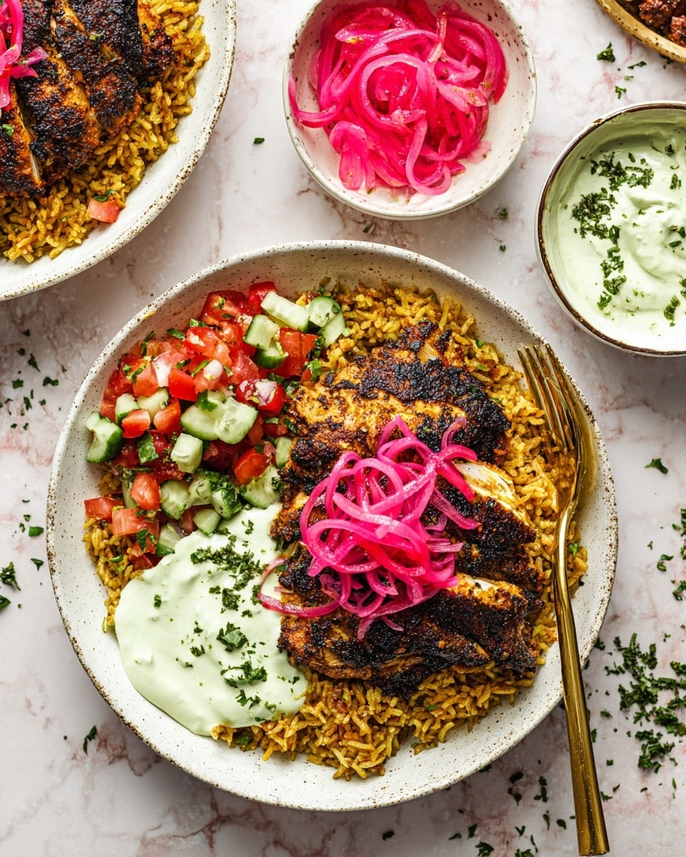 A white bowl holds a layered dish starting with a base of golden-brown seasoned rice with visible spices and herbs, topped with a piece of dark, charred grilled chicken that has a textured surface. On top of the chicken sit bright pink pickled onion slices arranged loosely. To one side of the bowl is a vibrant salad made of finely chopped red tomatoes, green cucumbers, and purple onions, and beside the chicken there is a dollop of thick, creamy, pale green sauce sprinkled with small green herb pieces. A gold fork rests on the right edge of the bowl. Around the main bowl, there are smaller white bowls, one filled with pickled pink onions and another with a pale green sauce, all placed on a white marbled surface with some scattered green herb bits. photo taken with an iphone --ar 4:5 --v 7
