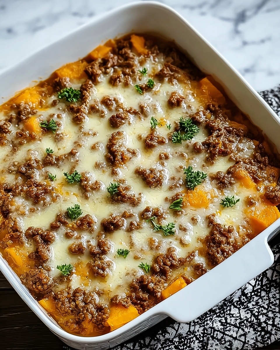 A white oval dish filled with a layered casserole. The bottom layer consists of large, bright orange chunks of soft cooked sweet potatoes, topped with crumbled browned ground meat, and melted white cheese lightly covering the top. Small green herb leaves are scattered on the surface for a touch of color. The dish is set on a white marbled texture surface. photo taken with an iphone --ar 4:5 --v 7