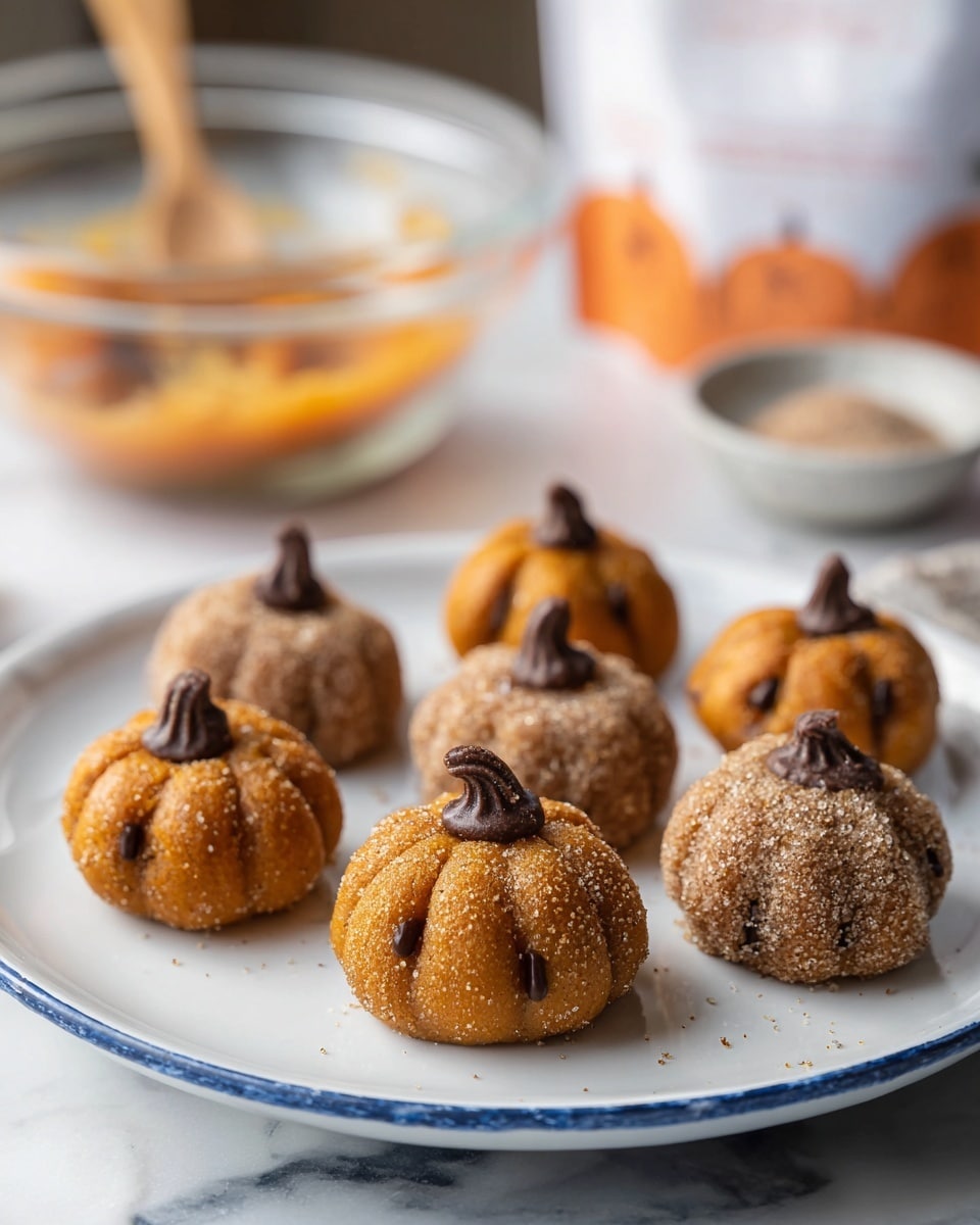 The image shows six small pumpkin-shaped treats placed on a white plate with a blue rim. Three of the treats have a smooth orange-brown surface and a dark brown chocolate chip on top. The other three are coated in a light brown sugar-cinnamon mixture with a slightly rough texture and also have a chocolate chip on top. Each treat has small vertical indentations to look like pumpkin ridges. The plate sits on a white marbled surface, and in the blurry background, there is a clear glass bowl with an orange mixture and a wooden spoon inside, along with a white and orange bag and a small clear bowl. photo taken with an iphone --ar 4:5 --v 7