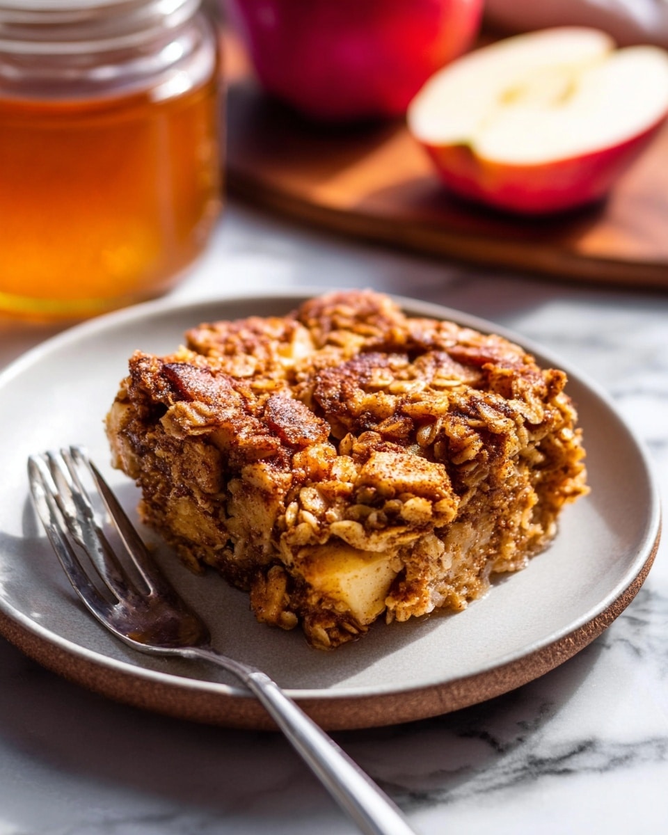 The image shows a single thick slice of apple cinnamon oatmeal bake on a white plate. The slice has a golden-brown crispy top layer with visible pieces of baked apple and cinnamon, creating a rough, textured surface. Below that, the oatmeal base looks soft and moist with bits of apple mixed throughout. A silver fork lies on the plate, placed to the left of the slice. In the background, there is a jar of amber-colored syrup and a red apple sliced in half resting on a white marbled surface. The lighting highlights the warm tones and moist texture of the oatmeal bake. photo taken with an iphone --ar 4:5 --v 7