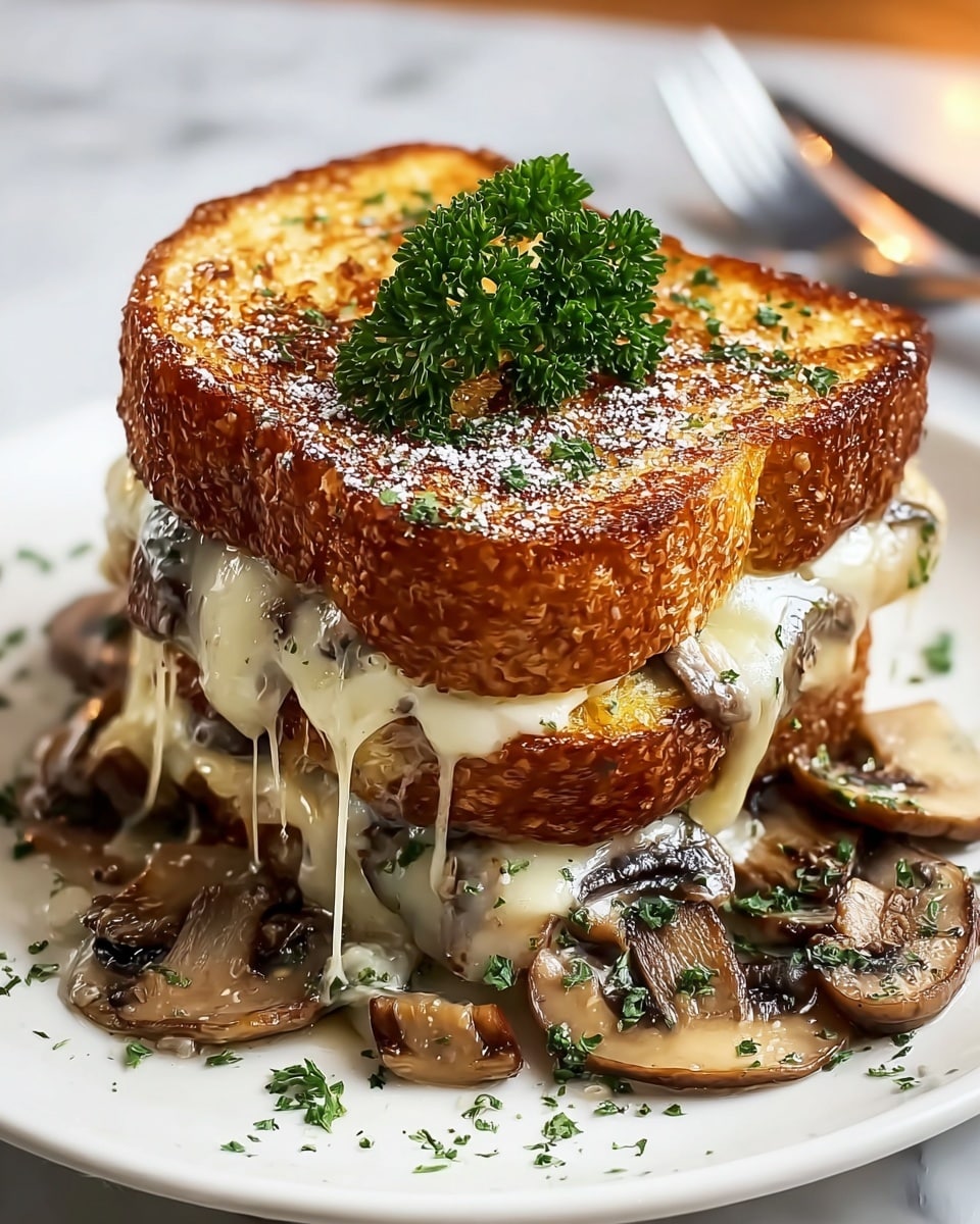 A grilled cheese sandwich is shown with two thick golden-brown toasted bread slices forming the top and bottom layers, both with a crispy texture and sprinkled lightly with green herbs and powdered white seasoning; between the bread slices, there is a gooey, melted layer of creamy white cheese mixed with cooked, sliced brown mushrooms that spill out around the sandwich onto the white plate; a small bunch of fresh green parsley sits on top of the sandwich as garnish, and the plate rests on a white marbled texture surface with a blurred background and a fork partially visible on the right side. photo taken with an iphone --ar 4:5 --v 7
