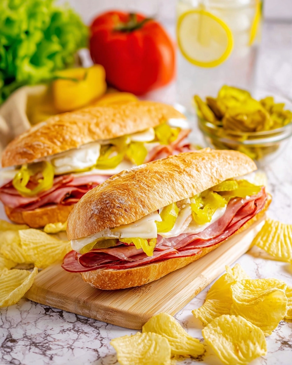 A close-up view of a sub sandwich on a white wooden board, with three main layers inside a golden brown, crusty hoagie roll: the bottom layer of thinly sliced ham with a pale pink color, the middle layer of red salami with visible texture and some folds, and the top layer of melted white cheese, topped with yellow-green pepper slices. Around the sandwich, there are scattered light yellow potato chips, a small glass bowl with extra pepper slices to the side, a bright red tomato on the right, and leafy green lettuce in the background. Two more sub sandwiches with the same layers and a glass of lemon water sit blurred in the background on a white marbled surface. photo taken with an iphone --ar 4:5 --v 7