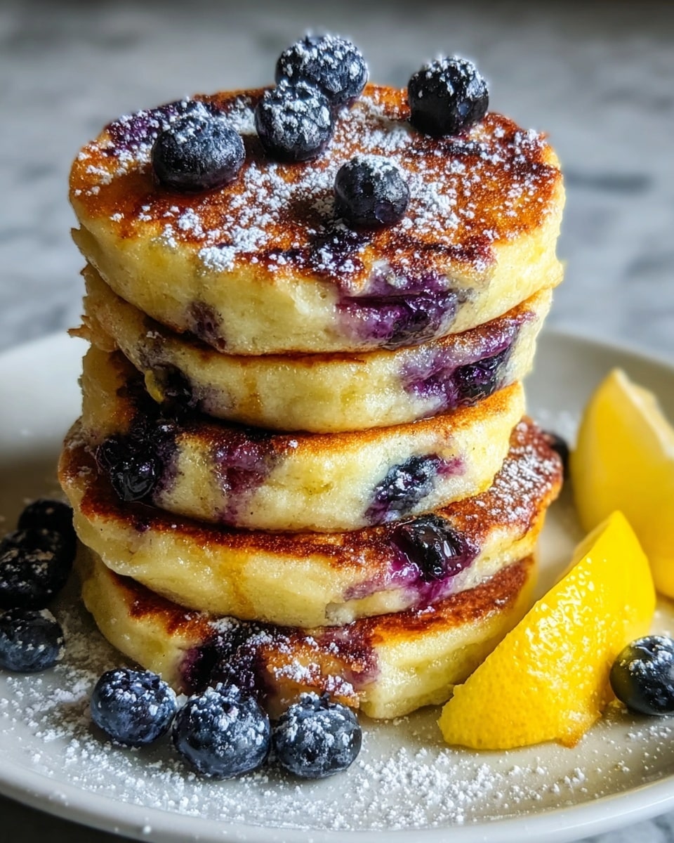 A stack of six thick, round blueberry pancakes with a golden-brown top sits on a white plate. Each pancake shows blueberries baked inside, creating purple stains on the surface, with whole blueberries scattered on top and around the stack. The pancakes are dusted lightly with white powdered sugar, adding a soft, snowy texture. A bright yellow lemon wedge rests on the right side of the plate, adding a pop of color. The photo is taken with a white marbled textured background. Photo taken with an iphone --ar 4:5 --v 7