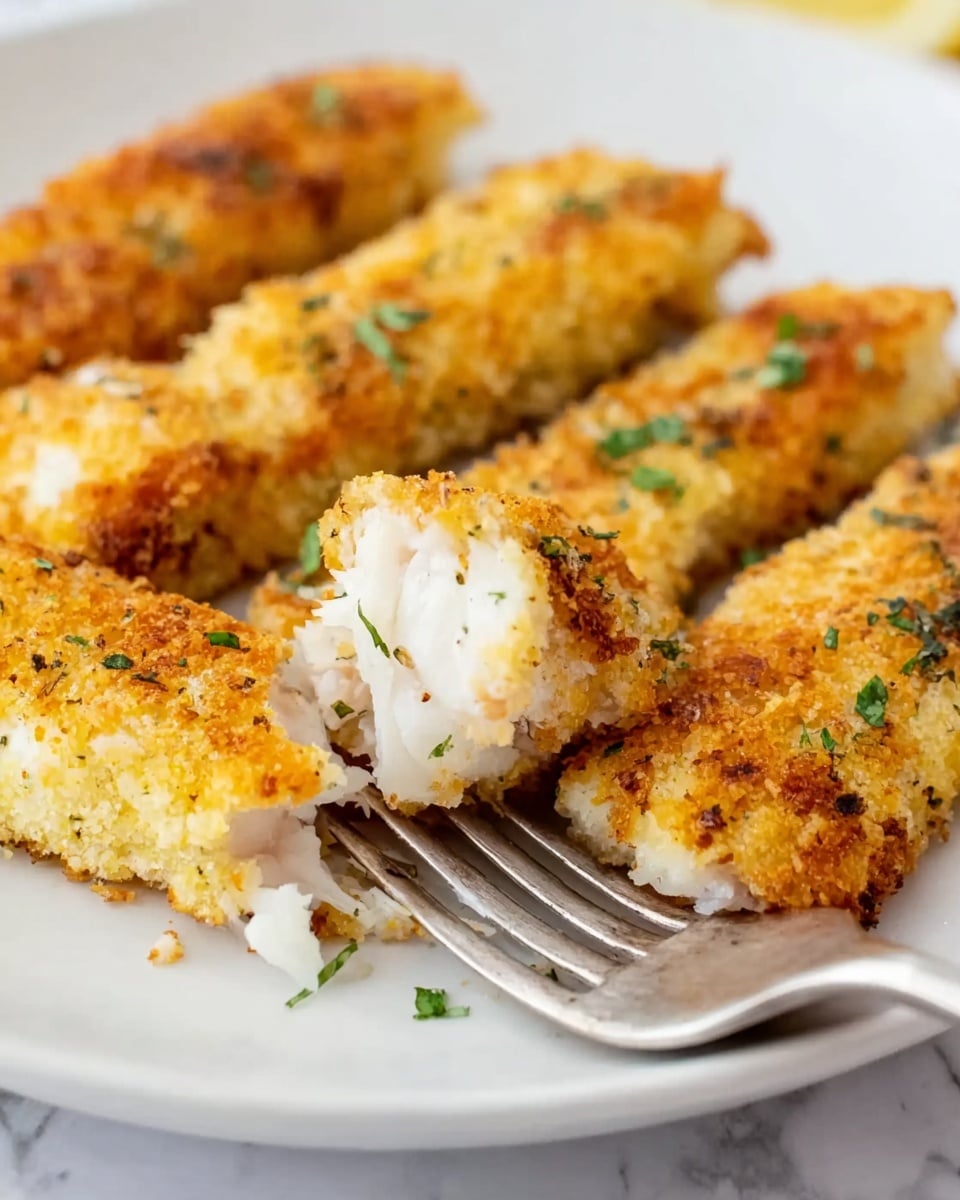 The image shows several pieces of golden-brown crispy breaded chicken tenders placed closely together on a white plate. Each tender has a rough textured crust with specks of dried herbs and pepper, giving a crunchy appearance. Small green herb leaves are sprinkled on top for a fresh touch. A wedge of lemon with a pale yellow color is placed on the side of the plate, adding a bright contrast. The background is a white marbled surface, which makes the food stand out clearly. photo taken with an iphone --ar 4:5 --v 7