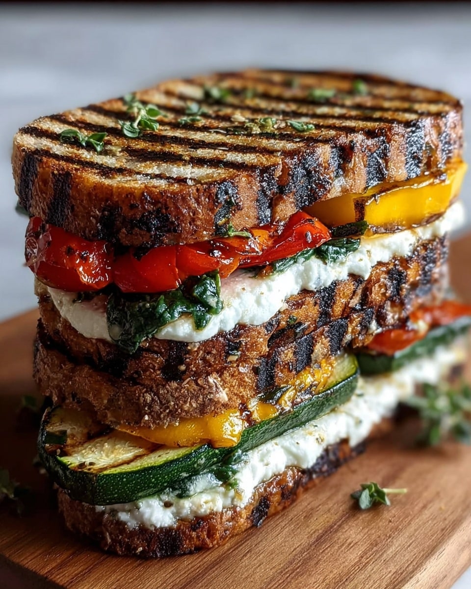 The image shows a grilled sandwich with three visible layers between two slices of toasted whole grain bread, which have dark grill marks and some fresh green herb pieces on top. The bottom bread layer is topped with cooked green spinach, followed by a thick spread of creamy white cheese. The middle layer consists of bright red roasted pepper and thick green zucchini slices, while the top layer has yellow grilled bell peppers. The sandwich rests on a wooden board with a background of white marbled texture. photo taken with an iphone --ar 4:5 --v 7