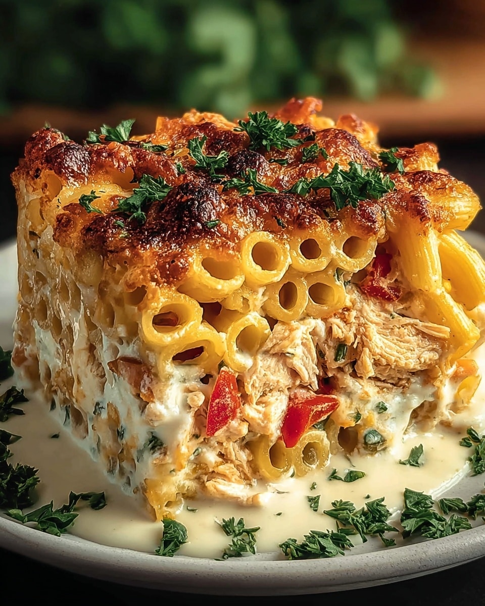 A round black pan holds a baked pasta dish with three main layers. The bottom layer is yellow rigatoni pasta mixed with pieces of red and yellow bell peppers, soft and tender in texture. The middle layer is shredded chicken scattered evenly throughout, light brown with fibrous texture. The top layer is a thick, golden-brown bubbly melted cheese with some parts browned and crisped, sprinkled with finely chopped green parsley, with a small bunch of parsley fresh and bright green at the center. The pan rests on a white marbled surface near a window letting natural light shine on it. photo taken with an iphone --ar 4:5 --v 7