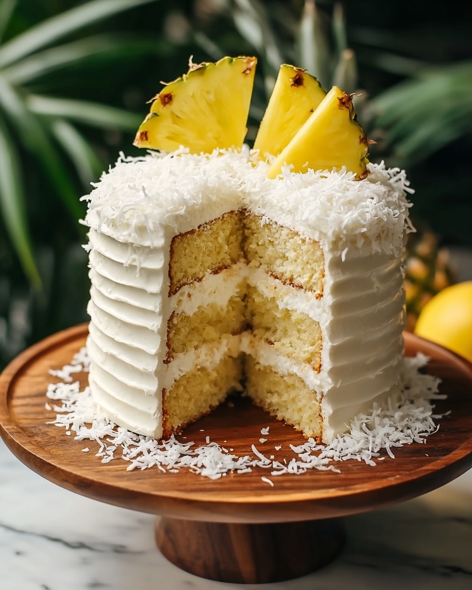 A tall, three-layer cake with light golden sponge layers separated by thick white cream frosting is shown on a wooden cake stand. The outside of the cake is smoothly coated with white frosting, decorated with horizontal ridges. The top of the cake is covered with shredded white coconut flakes, and two bright yellow pineapple slices are placed on top as decoration. More shredded coconut flakes are scattered around the base of the cake. The background shows green blurred plants, and the cake sits on a white marbled surface. photo taken with an iphone --ar 4:5 --v 7