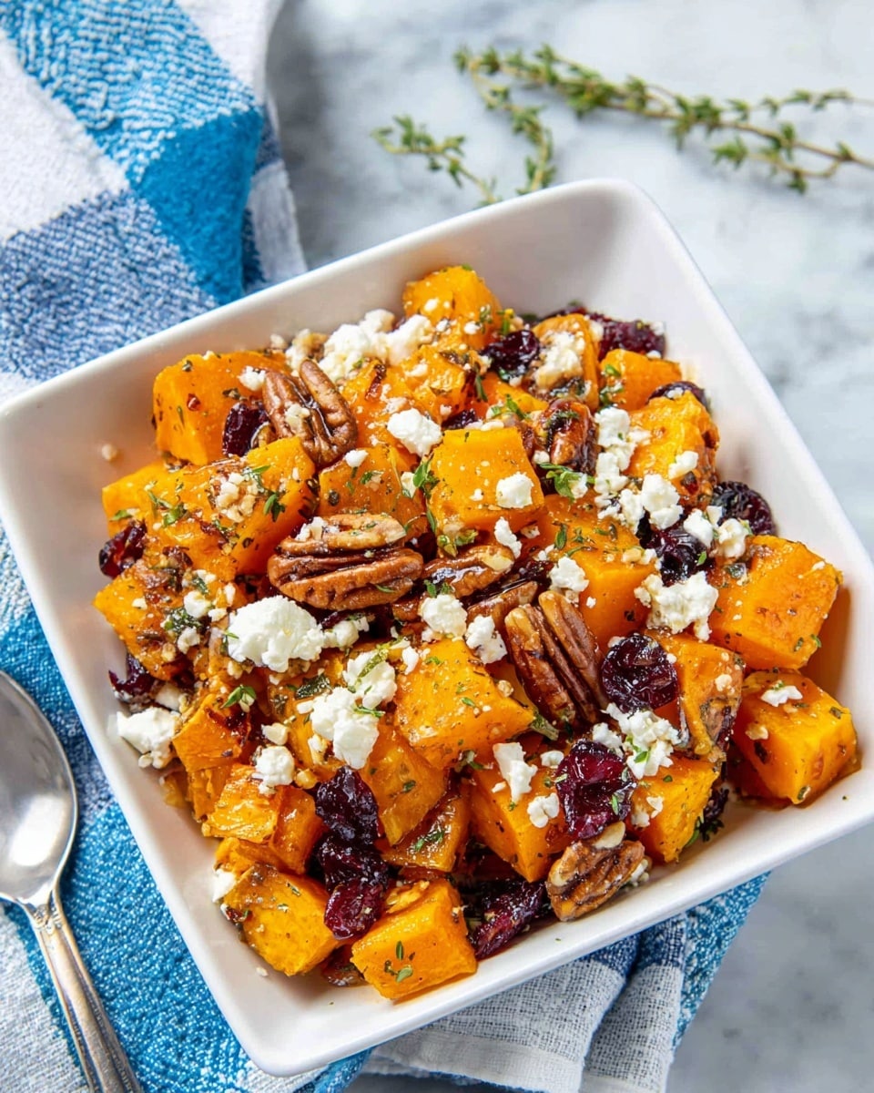 The dish is served in a white square bowl filled with three main layers: large, bright orange roasted butternut squash cubes form the base, dotted with dark red dried cranberries scattered evenly throughout, and topped with whole pecan halves adding a deep brown color and texture. Small white crumbles of feta cheese are sprinkled all over the top, with tiny green sprigs of fresh herbs like thyme adding a subtle pop of green on the vibrant mix. The bowl is placed on a white marbled surface with a blue and white checked cloth partially visible beside it, creating a fresh and inviting scene. Photo taken with an iphone --ar 4:5 --v 7