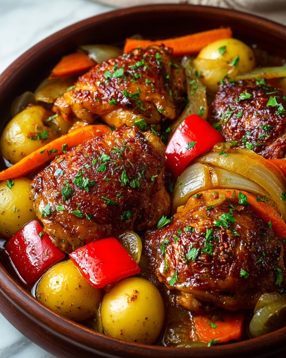 This image shows a close-up of a brown bowl filled with three pieces of cooked chicken thighs on top of a layer of vegetables. The chicken has a dark golden-brown crispy skin with small green herb sprinkles scattered on it. The vegetable layer includes halved small yellow potatoes, thick carrot sticks, red bell pepper pieces, and glossy onion slices. The vegetables are coated in a light sauce that creates a shiny texture. The bowl is on a white marbled surface that is just barely visible at the edges. photo taken with an iphone --ar 4:5 --v 7