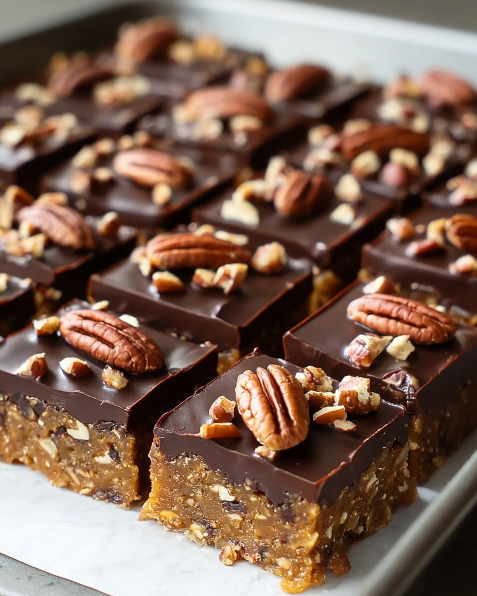 A close-up view of a tray filled with 16 square bars, each about two layers thick; the bottom layer is dense and golden brown with visible bits of nuts, while the top layer is a smooth, shiny dark chocolate layer. Each square is topped with one whole pecan half and small pieces of chopped pecans, adding a textured look. The tray is white and the surface beneath has a white marbled texture. The image focuses tightly on the bars, showing rich textures and glossy chocolate. photo taken with an iphone --ar 4:5 --v 7