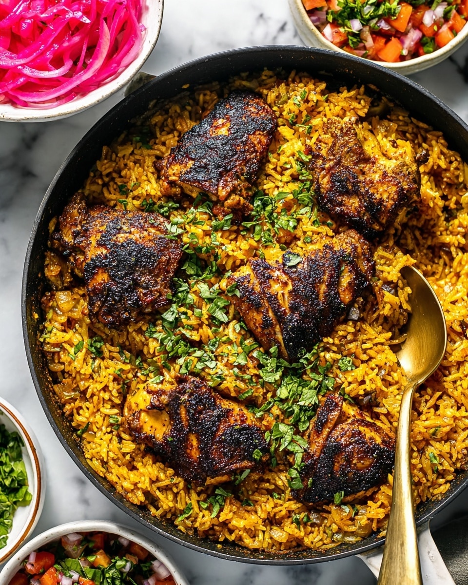 A black skillet filled with yellow-orange spiced rice as the base layer, mixed with small pieces of cooked onions and herbs scattered throughout, topped with four large pieces of dark brown and black grilled chicken with a slightly charred texture, garnished with chopped fresh green herbs sprinkled on top. A gold spoon is partially buried in the rice on the right side of the skillet. Surrounding the skillet are white bowls, one filled with bright red-pink pickled onions and another with a colorful mix of chopped green herbs and red tomatoes, all placed on a white marbled surface. Photo taken with an iphone --ar 4:5 --v 7