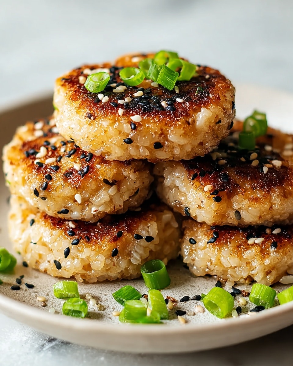 A close-up view of five golden-brown rice cakes stacked on a white plate, each cake showing a slightly crispy texture with visible grains of sticky rice. The rice cakes are dotted with black and white sesame seeds and sprinkled with bright green chopped scallions on top and around the plate. The plate sits on a white marbled surface that softly contrasts with the warm tones of the cakes. photo taken with an iphone --ar 4:5 --v 7