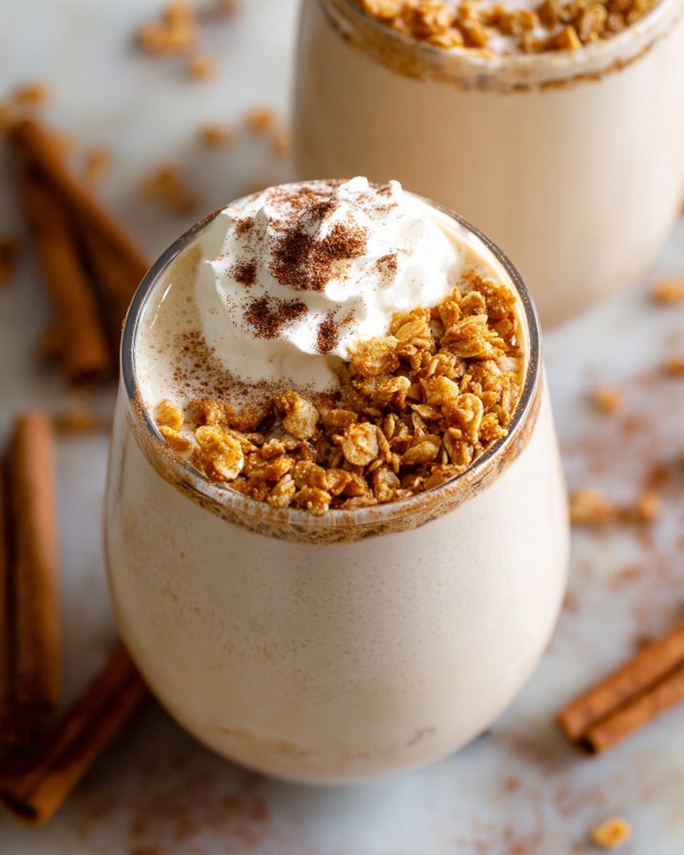 The image shows two clear glasses filled with a creamy beige smoothie. Each smoothie has a top layer with three distinct parts: one side is covered with a dusting of dark brown cinnamon powder, the middle has white whipped cream, and the other side is sprinkled with light brown granola pieces. The glasses are placed on a white marbled surface with a few cinnamon sticks scattered around. The background has a soft focus. photo taken with an iphone --ar 4:5 --v 7