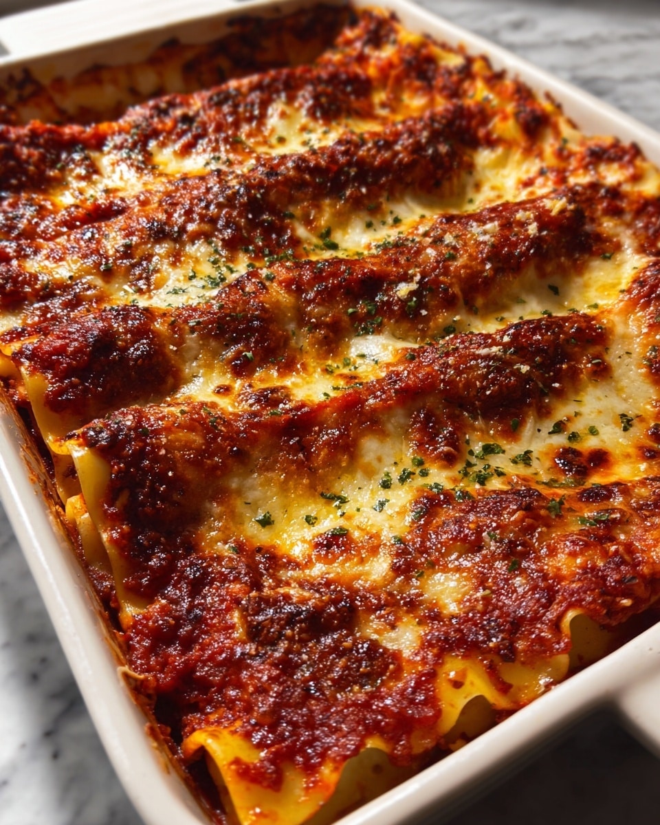 A close-up view of a baked lasagna in a white rectangular ceramic dish, showing five visible layers of pasta sheets alternating with thick layers of melted cheese and rich red tomato sauce, all topped with a bubbly, golden-brown crust of cheese that has slightly crisped edges with hints of darker brown. The surface looks glossy and textured with small spots of herbs spread throughout. The dish is set on a white marbled surface. photo taken with an iphone --ar 4:5 --v 7