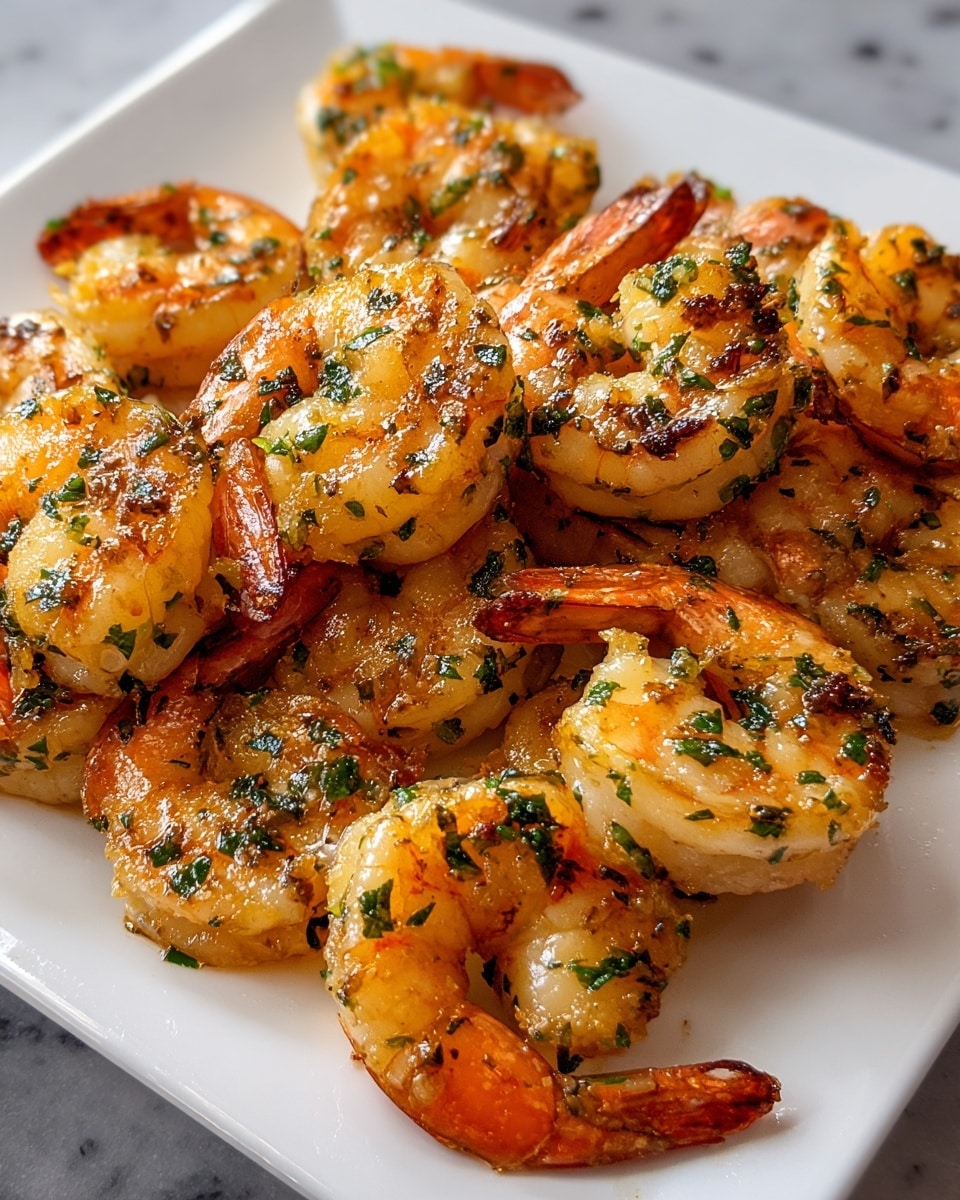 The image shows a white plate filled with several golden-brown breaded shrimp. Each shrimp is coated with a crispy crumb layer that is lightly browned, with hints of green herbs and small black specks sprinkled on top. The shrimp tails are still attached, showing a reddish color that contrasts with the crunchy coating. The plate is set on a white marbled surface, and a few lemon slices are seen blurred in the background. A woman's hand is about to pick up one of the shrimp. Photo taken with an iphone --ar 4:5 --v 7