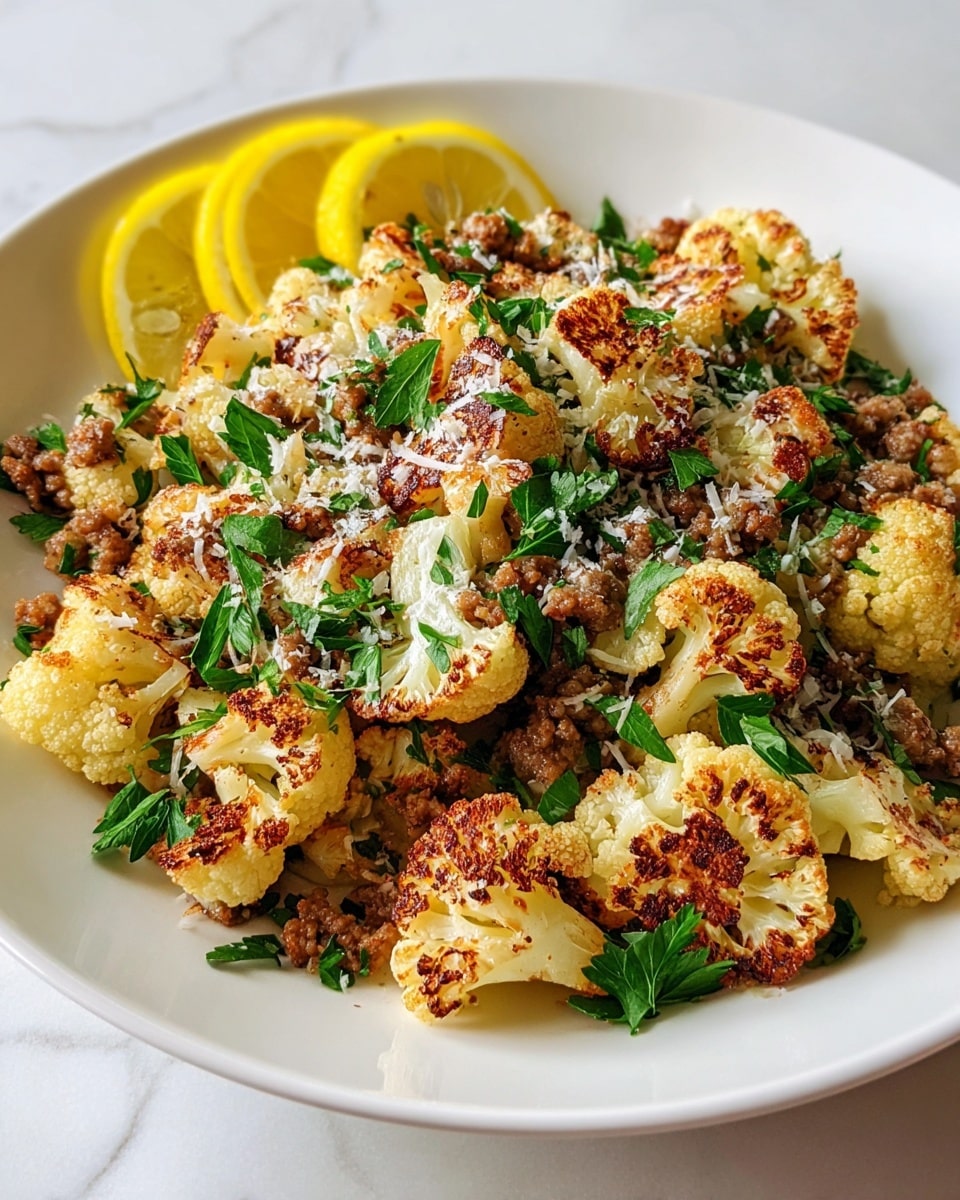 The dish is served on a white plate, filled with roasted cauliflower florets that have a browned, crispy surface and a pale yellow inside. Mixed throughout are small pieces of browned ground meat, adding texture and a deeper brown color to the dish. Bright green chopped parsley is scattered all over, offering a fresh contrast, along with some grated white cheese sprinkled on top. In the back left corner of the plate, there are thin lemon slices arranged neatly, showing a bright yellow color. The whole dish sits on a white marbled surface. Photo taken with an iphone --ar 4:5 --v 7