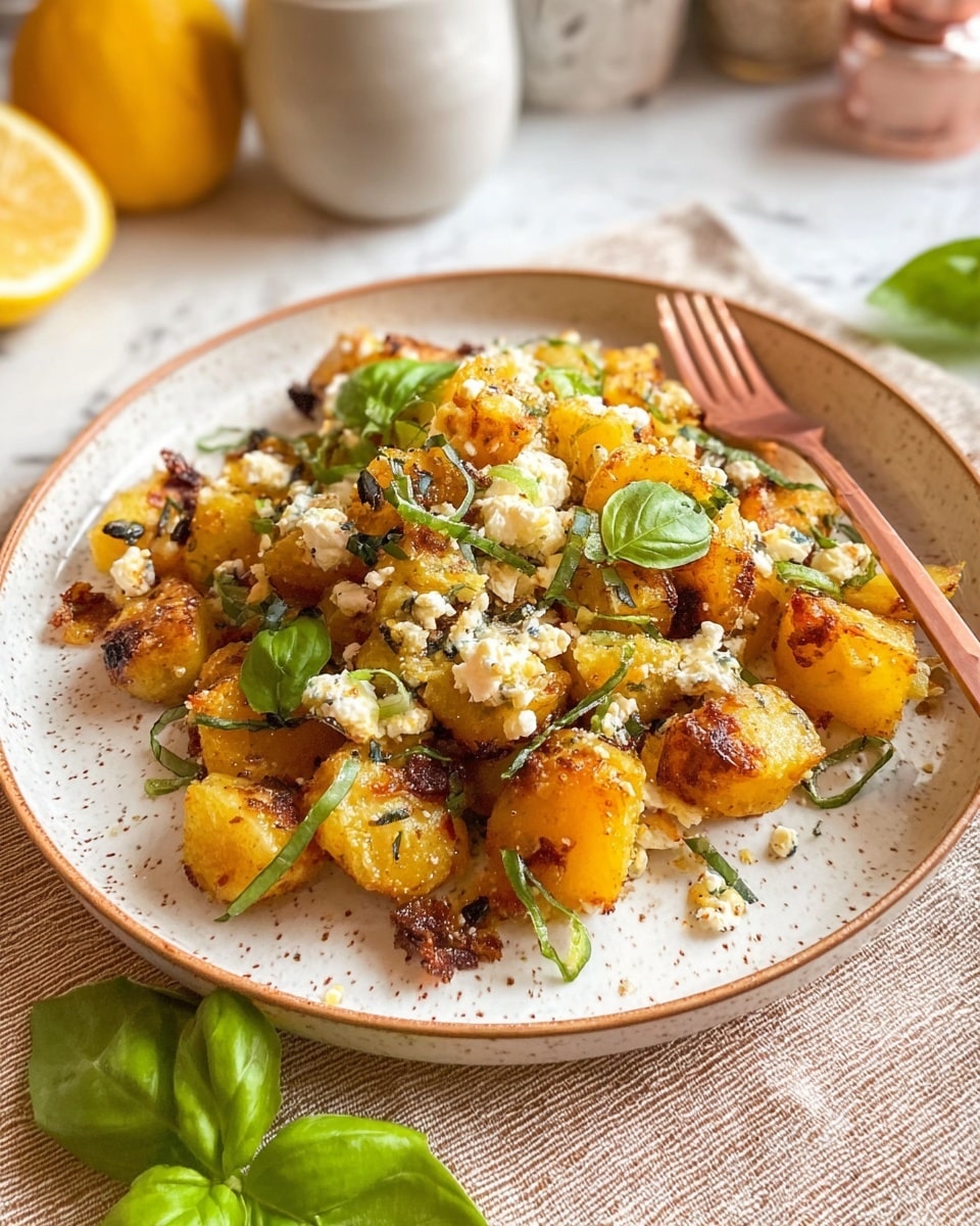A white speckled plate holds a dish made of golden roasted potato chunks as the base layer, crisp and browned on the edges. The second layer consists of crumbled soft white cheese mixed with herbs, scattered unevenly over the potatoes. Fresh green basil leaves, thinly sliced, are sprinkled on top, adding a pop of color and freshness. The plate is set on a textured beige cloth with a copper-colored fork to the side, and a couple of whole green basil leaves in the foreground. The background shows a white marbled surface with blurred containers and a lemon wedge placed casually nearby. Photo taken with an iphone --ar 4:5 --v 7