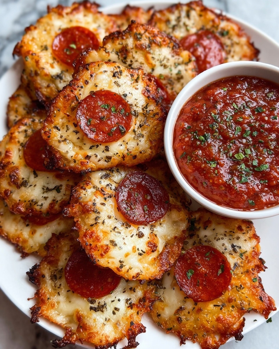 A white plate is filled with several small, round, crispy pizza snacks, each with a golden-brown cheese base that is bubbly and slightly browned around the edges. Each snack has a single slice of bright red pepperoni in the center, sprinkled with green herbs and black pepper. There is a small white bowl placed at the top right of the plate filled with chunky red tomato sauce, garnished with green herbs. The close-up image shows the crispy texture of the cheese and the shiny, oily pepperoni slices, all on a surface with a white marbled texture. Photo taken with an iphone --ar 4:5 --v 7