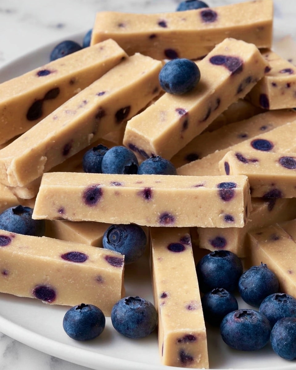 The image shows many rectangular beige bars scattered and stacked unevenly, each bar containing small dark purple spots that look like embedded blueberries. Among the bars, whole round blueberries with a deep blue color are placed randomly on a white plate that sits on a white marbled surface. The texture of the bars appears smooth but firm, and the bars have clean, sharp edges. Photo taken with an iphone --ar 4:5 --v 7