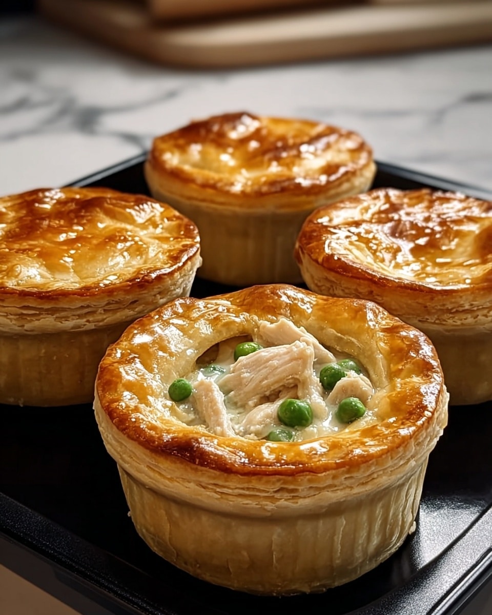 Four small round chicken pies with golden-brown flaky tops sit on a black tray. The pie in the front has a circular hole in the crust, showing creamy filling with white chicken pieces and green peas inside. Each pie has a thick, layered crust with a shiny finish from a glaze. The background is a white marbled surface with blurred kitchen elements. Photo taken with an iphone --ar 4:5 --v 7