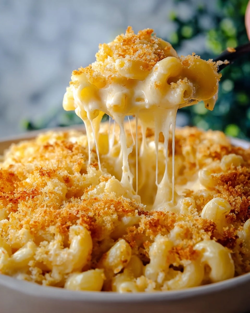 A white bowl filled with creamy macaroni and cheese is shown with a woman's hand lifting a serving. The dish has three clear layers: the bottom layer is tender pale yellow macaroni pasta covered by a thick, smooth, creamy cheese sauce in a lighter yellow shade. The top layer is a crumbly, golden-brown crunchy breadcrumb crust that adds texture. Stretchy melted cheese strands pull from the lifted portion, highlighting the gooey texture. The background features a soft white marbled surface with blurred green elements, focusing attention on the rich, layered mac and cheese. Photo taken with an iphone --ar 4:5 --v 7