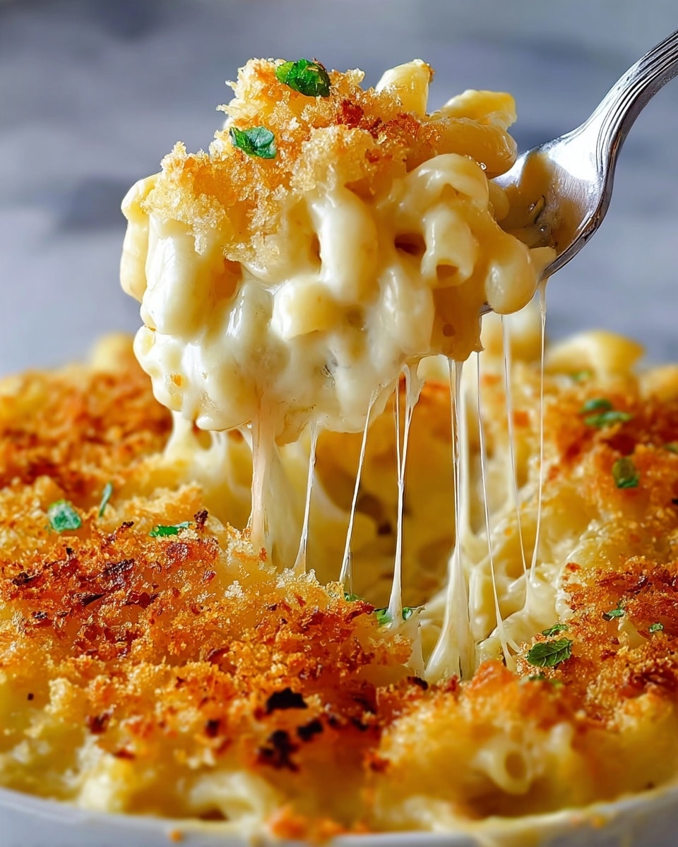 A close-up view of mac and cheese lifted by a shiny metal fork, showing one thick layer of creamy, pale yellow pasta coated in melted cheese with a golden-brown crispy breadcrumb topping that adds texture, with small bits of green garnish peeking through the top layer; strings of melted cheese stretch from the fork to the dish below, which sits on a white marbled surface. photo taken with an iphone --ar 4:5 --v 7